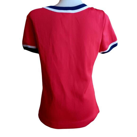 Vintage Women's T-shirt Large SIngle Stitch 80's Red Ribbed Knit Top Blue Trim - Picture 5 of 7